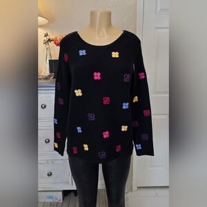 Orly Black Crewneck Sweater with Multicolor Floral Appliqués